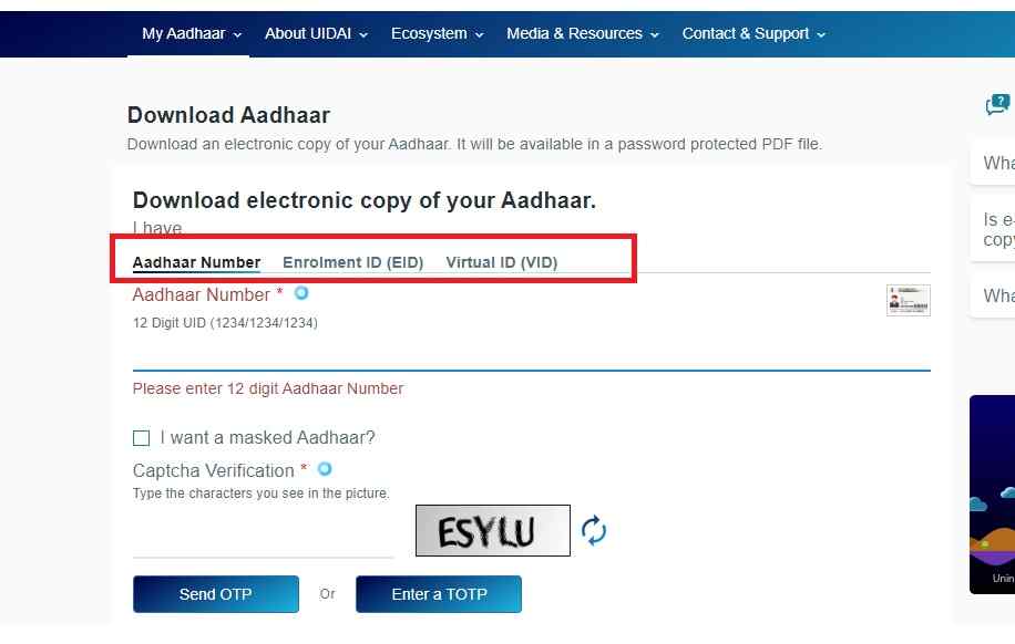 Download E Aadhaar card Survay By UIDAI