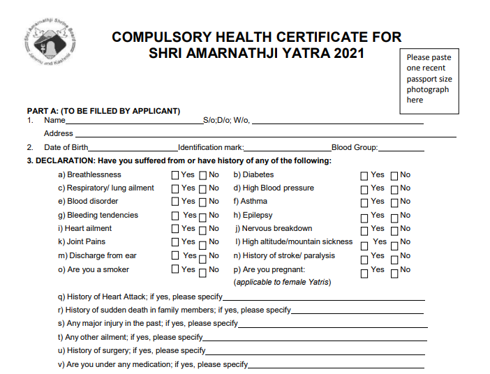 Amarnath Yatra CHC Form 2021