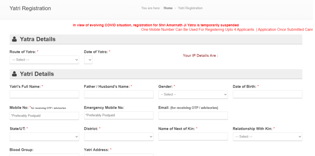 Amarnath Yatra Registration form