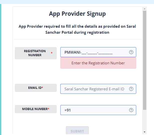 WANI Yojana App Provider Registration Form